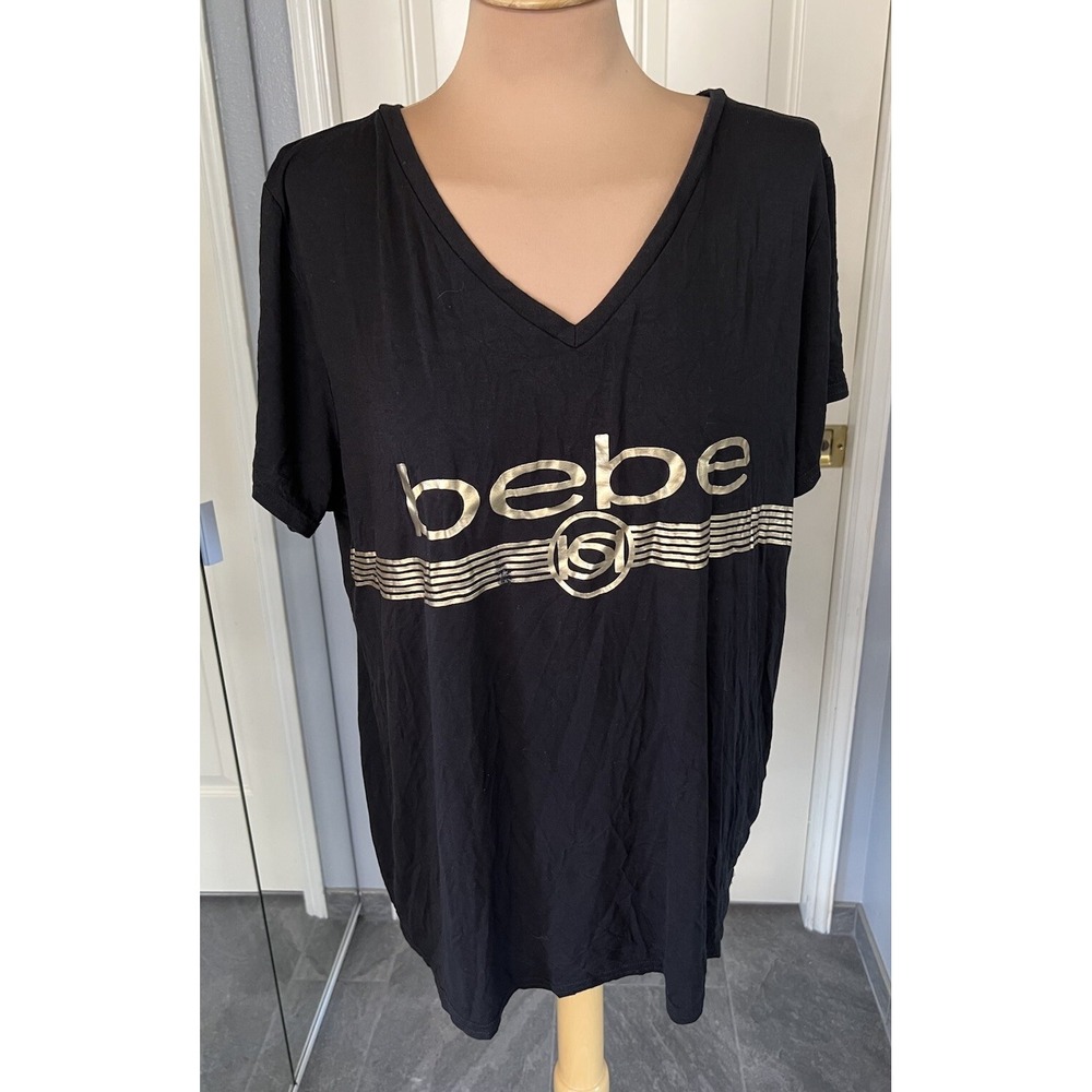 Bebe Active Women's Black Y2K T Shirt Size 2X V Neck Spellout Mesh Glam Logo